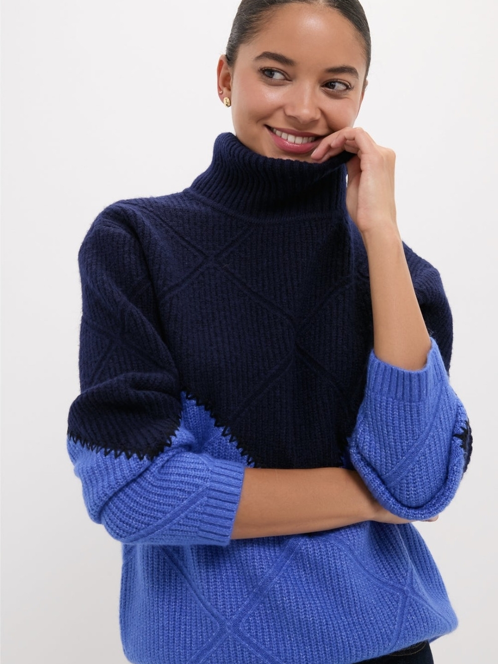 NWT Hyacinth House Small Navy & Cerulean Diamond Demi Turtleneck